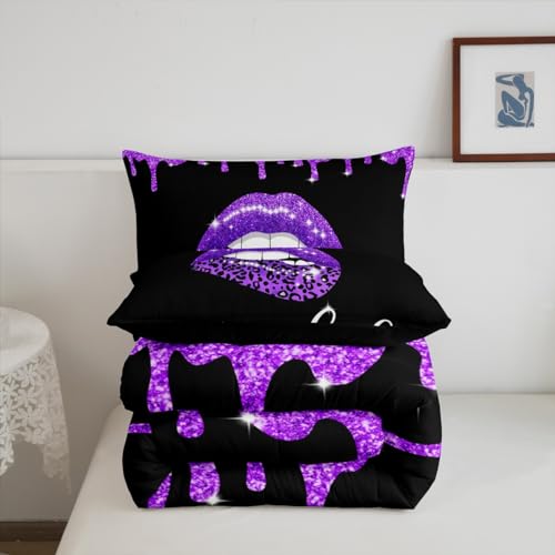 Image of Feelyou Purple Leopard Sexy Lips Comforter Full Size for Boys Girls, Purple Black Get Naked Comforter Set Pink Sexy Lips Bedding Set Funny Get Naked Duvet Set Bed Set 3Pcs Reversible