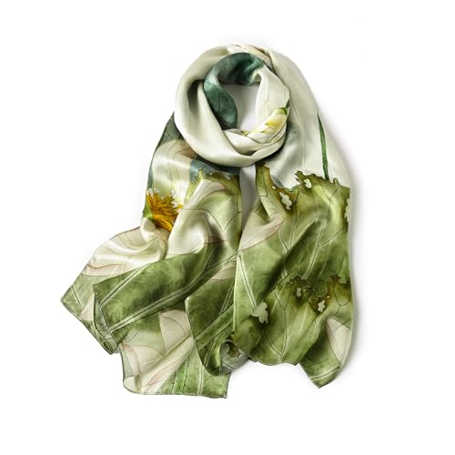 STORY OF SHANGHAI Seidenschal Damen 100% Seide, Natur Silk Scarf for Women, Luxuriöse Seidentuch Halstuch, Stola Als Geschenk, Warm Leicht und Weich, Mit Motiv 53 * 170 cm,Grüner Lotus