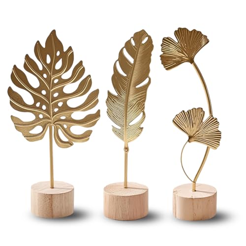 Gold Leaf Home Decor Set - Metal Leaves Statues, Modern Artistic Sculptures for Living Room, Office, Shelf & Home Decorative, Handmade 3D Botanical Accents (Monstera, Feather, Ginkgo, 3PCS)