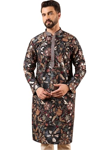 Image of Men's Black Silk Blended Solid Embroidered Long Kurta | Men's Kurtas | Embroidered Kurta's for Men | Straight Fit Kurta for Men