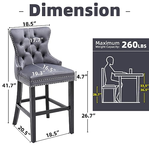 Goolon Bar Stools Set Of 2, Velvet 26 Inch Seat Height Counter Height Barstools Button Tufted Backrest, Rivet Trim Bar Chairs For Kitchen Island Mid-Century Metal Pull Ring Wood Frame Legs, Dark Grey #TOP2