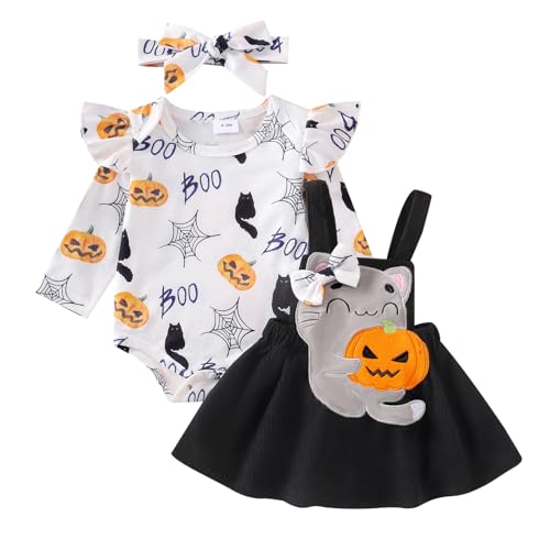 Saeevima Neugeborene Baby Mädchen Halloween Bekleidungsset 3PCS Strampler Rock Set Langarm Kürbis Body Rüsche Schulter Hosenträger Tutu Katze Rock mit Stirnband (Weiß+Schwarz, 0-3 Monate)