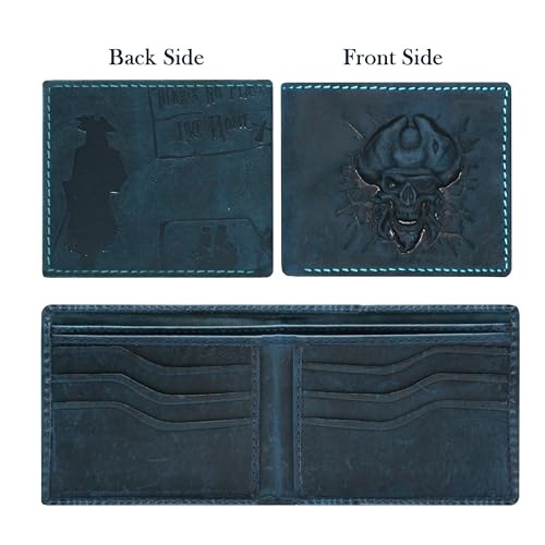 Wallet For Men- 3D Embossed Pirates Captian Skull Themed Design Bifold Vintage Distressed Genuine Leather Wallet With Two Cash Pockets And Six Card Slots (Blue)3