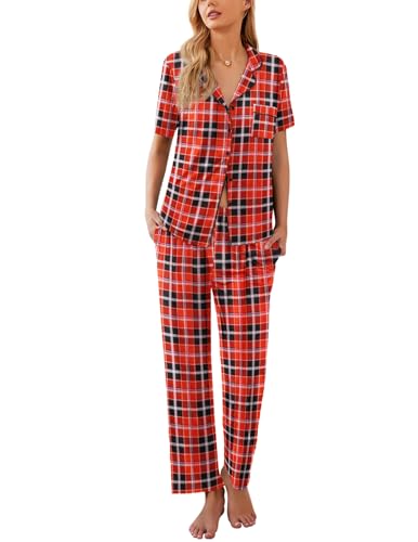 Image of Ekouaer Womens Pajamas Set 2 Piece Print PJs Soft Button Down Sleepwear Short Sleeve Lounge Set