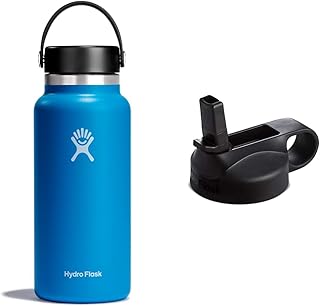 HYDRO FLASK - Water Bottle 946 ml (32 oz) - Vacuum Insulated Stainless Steel Water Bottle Flask & Wide Mouth Straw Lid - Flask Lid with Honeycomb Insulation and Finger Loop - Black
