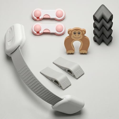 Image of Safe-O-Kid Home Safety Starter Kit | 1 Multipurpose Safety Lock, 2 Smiley-End Locks, 2 Door Stoppers, 4 Corner Protectors & 1 Finger Pinch Guard | Child Safety Essentials for Home - Assorted