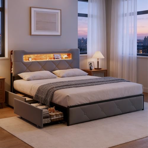 BRILVERDE Cama tapizada de 140 x 200 cm con cajón de almacenamiento, cama doble con LED/USB, cama juvenil con cabecero y somier, marco de cama para adultos, terciopelo (gris, 140 x 200 cm)