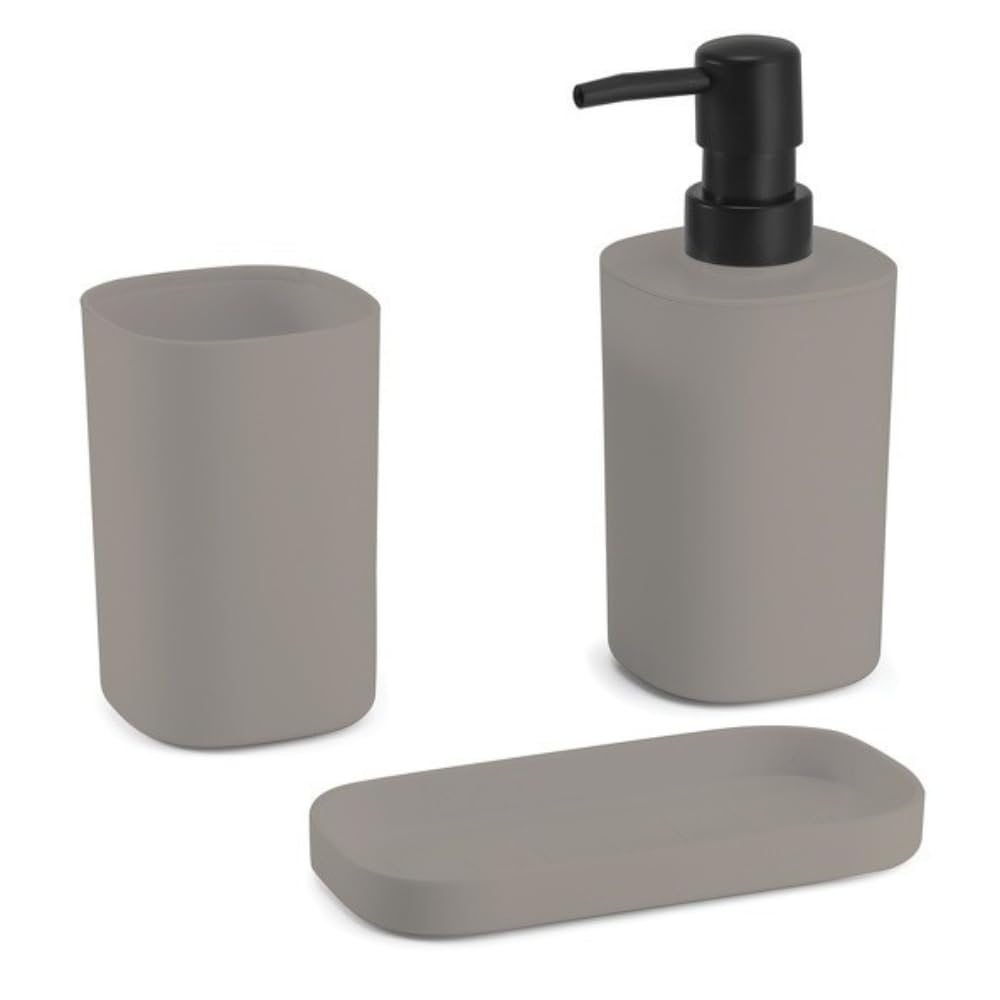 Envenzo Bathroom Set Accessories 3Pcs Soap dispenser Toothbrush Holder Cup Soap dish, Set of 3 Bathroom Accessories, Bathroom Decoration in PP, Modern and Practical Design (Brown)