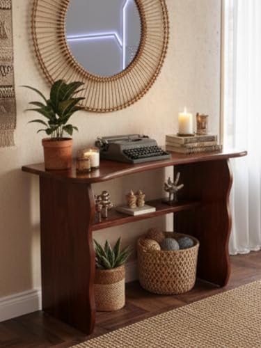 Image of Wooden Console Table for Living Room | Entryway Hallway Sofa & Fish Tank Table | Modern Curved Design with Open Storage Shelf | Decorative Display Stand Furniture | Brown Finish