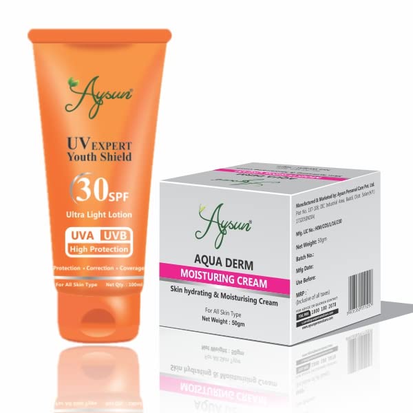Aysun Combo Pack of UV Expert Youth Shield 30SPF & Aqua Derm Moisturing Cream(50gm) Pack of 2