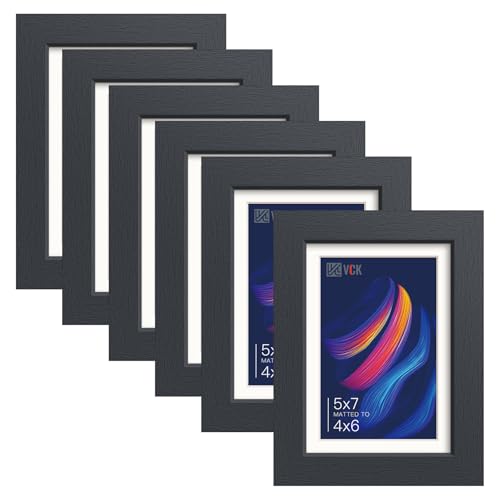 Image of VCK 5x7 Picture Frame Set of 6, Black Wood, 4x6 Mat, Glass, for Photo Print