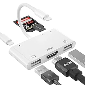 HDMI OTG Adapter, HDMI USB Hub, 6-in-1 Lighting to HDMI Digital AV Converter, TF SD Card Reader, USB Camera Adapter, Power Supply Compatible with Phone, Pad, Support MIDI Keyboard, Mouse, Projector