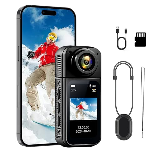 Action Cam 64GB 180° Giratorio 2,7K HD Body Cam, cámara de acción con sensor de 1,47', POV manos libres, control de aplicación, mini cámara gran angular de 120°, cámara de bicicleta, cámara de visión