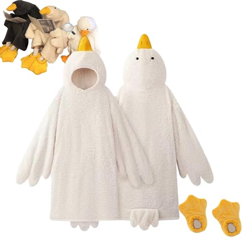 RINGSCZU Wearable Goose Blanket Hoodie for Adults & Kids Oversized Duck Onesie Pajamas Soft Fleece Sleeping Bag Robe (US Alpha Medium Beige)