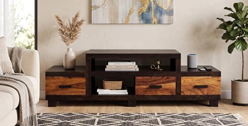 Image of Essentia Rosewood Shessham Wood 3 Drawer, Solid Wood TV Entertainment Unit Living Room & Office (Finish - Walnut Finish)