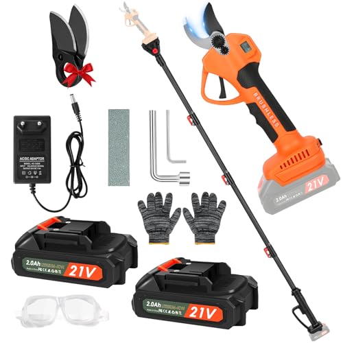 Akku Astschere mit Teleskopstiel 2 m, Elektrische Gartenschere mit Sicherheitsschalter, 2 x 2000mAh Akku, 2 x SK5 - Klingen, LCD Anzeige, Professionelle Elektrogartenscheren zum Baumschneiden