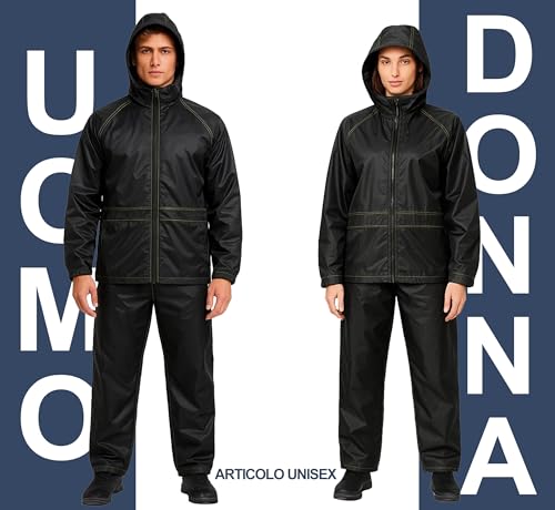 Auto Accessori Lupex Regendichte und winddichte schwarze Motorradkombination mit vollständigem Set, Regenjacke und Regenhose mit versteckter Kapuze, PVC-Größe, unisex für Damen und Herren, Schwarz