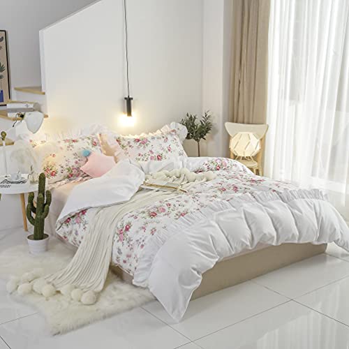 Fadfay Floral Duvet Cover Set Queen 100% Cotton Reversible Pink And White Bulgaria Rose Bedding French Country Flower Print Ruffle Lace Girls Comforter Covers Zipper 3 Pcs thumb #8