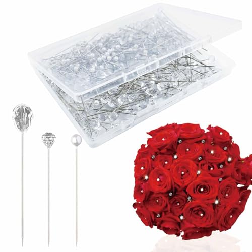 300 PCS Floral Pins for Bouquet 3 Styles Pearl Diamond Boutonniere Pins Craft Wedding Corsage Accessories with 1 Box for Dressmaking Sewing Jewelry Flower Decoration