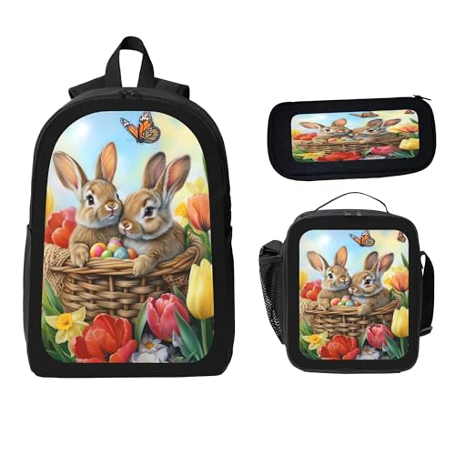 3PCS Backpack for Women Men With Lunch Box Pencil Bag 17 Inch Lightweight Adjustable Strap Back Pack 3 In 1 Set Animal Rabbit Flower Casual Daypack Unisex Fit Travel Work Camping