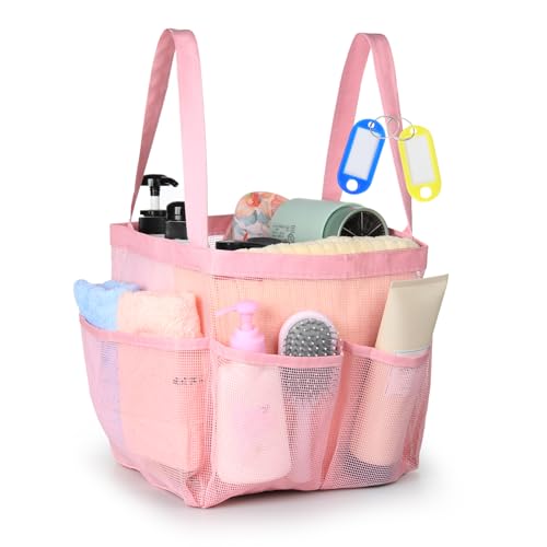 Temede Mesh Shower Caddy Tote Large Shower Caddy Basket Portable Quick Dry Hanging Toiletry Bag 8 Storage Pocket Bath Organizer for College Dorm Gym Camp Travel (Pink)