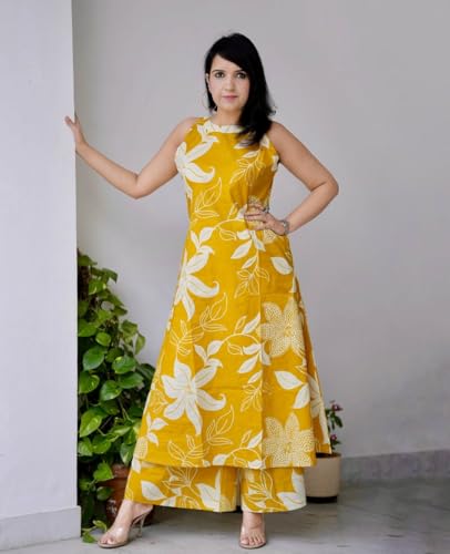 Image of Klosia Women Pure Cotton Kurta Palazzo Set | Sleeveless Printed Kurta with Palazzo Pants | Summer Friendly, Office Wear Co-Ord Sets