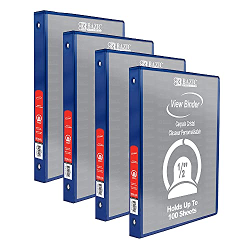 Image of BAZIC Products 1 /2 inch Blue 3-Ring View Binder, Round Ring, 2 Pockets, 4-Pack | round rings, 1 /2 in Blue view 3-ring binder, 2 inside pockets, holds up to 100 sheets, Durable poly cover