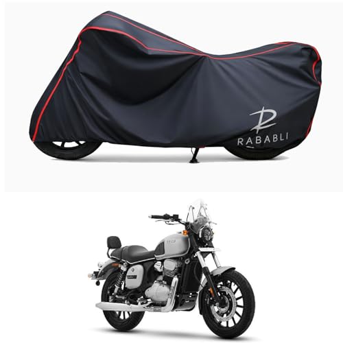 Image of Waterproof Bike Body Cover Compatible for | Yezdi Roadster Glacial | Taffeta Fabric, Red Piping Design, Bottom Elastic Fit | Dustproof, Sun UV & Rain Protection for All Bikes