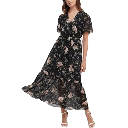 Image of Women's Summer Bohemian Floral Chiffon Dress Cap Sleeve V Neck Ruffle Long Flowy Boho Casual Vacation Dresses