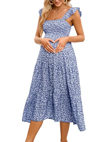Image of KOJOOIN Womens Maternity Dress Summer Sleeveless Smocked Square Neck Ruffle Casual Boho Midi Dress Baby Shower Photoshoot