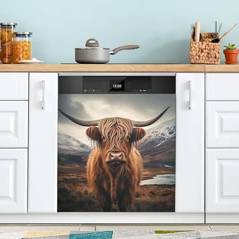 Kigai Highland Cow Dishwasher Door Cover Reusable Trimmable Kitchen Fridge Front Decal Magnetic Home Decor Refrigerator Magnet Decal Panels 23" Wx26 H Cover