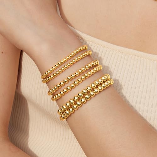 Gold Bracelet for Women Waterproof 14K Gold Plated Gold Bead Ball Bracelet Trendy Stretchable Elastic Hypoallergenic Bohemian Stackable Bracelet Stack Jewelry3
