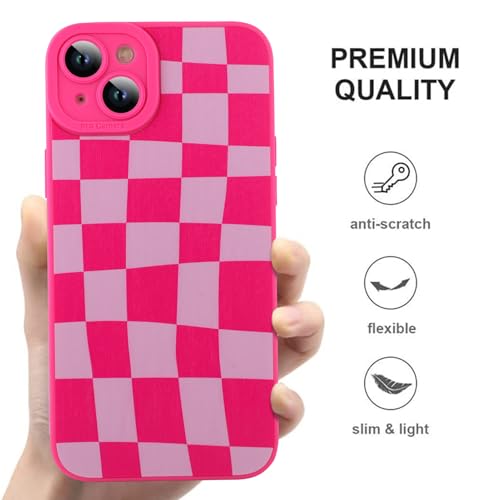 Image of ZIYE for iPhone 14 Plus Case Hot Pink Grids Plaid Checkerboard Pattern