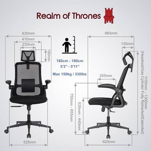 Realm of Thrones CAPTAIN Ergonomic Office Chair for Home, Heavy Duty Steel Base, Versatile Flip-up Armrests, Adjustable Lumbar Support, Mesh Back Comfort Cushion Seat for Computer Desk/Gaming (Black)