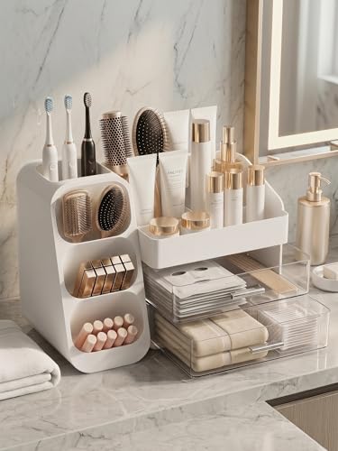 Image of Booklov Makeup Organizer for Vanity, Large Capacity Cosmetic Display Case with Clear Acrylic Drawer, Countertop Beauty Storage Holder for Skincare, Brush Eyeshadow Lipstick Counter Desk, Crystal White