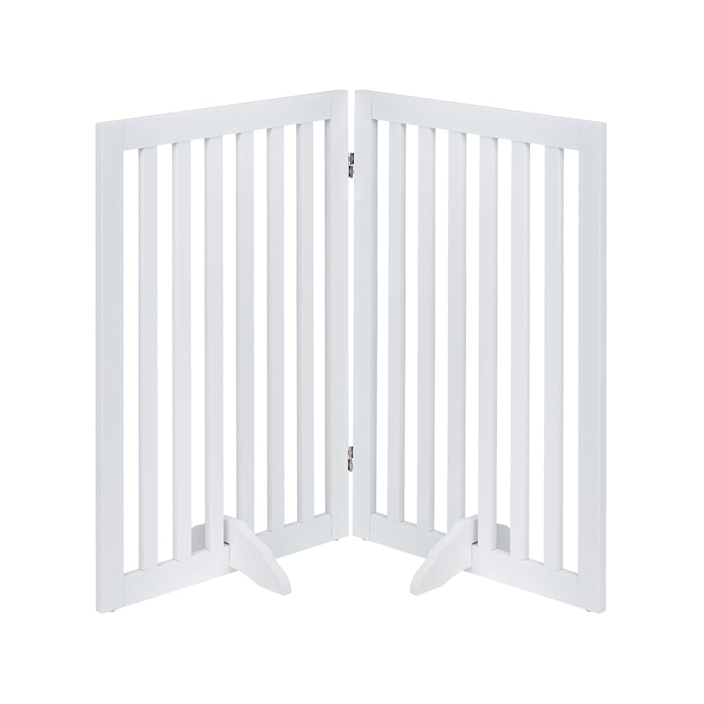 unipaws 36”h free standing pet gate for dog and cat, wooden dog gates for doorway, stairs, room divider, step over foldable pet fence for the house, expandable barrier, indoor use, white