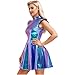 Linjinx Womens Shiny Metallic Dress High Waisted Skater Dresses 70s Disco Costumes Sparkle Outfit Blue Large