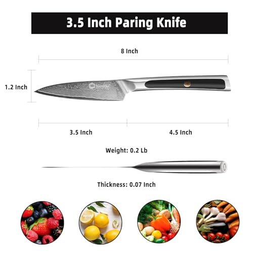 Sunnecko Paring Knife 3.5 Inch, Fruit Knife with 67-layers Damascus Steel VG-10 Blade Small Knife, Peeling Knife with Inlaid Handle Small Kitchen Knife Perfect for Cutting Fruit Vegetables Petty Knife