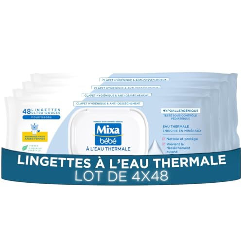 Mixa Lingettes Bébé à L'eau Thermale, Lot de 4 x 48 Lingettes : Hypoallergéniques, Nettoient en Douceur