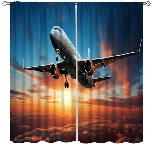 AAVEUP Airplane Blackout Curtains for Kids, Sunset and Sunset Over The Clouds Civilian Manned Aircraft Flight Window Drapes Print for Boys Adolescents Nursery Bedroom Living Room Bathroom 63x72in