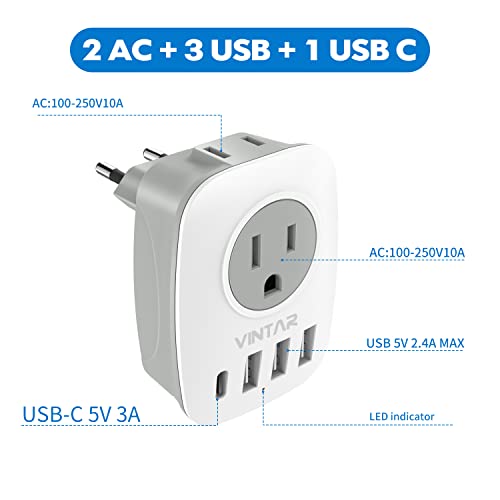 [2-Pack] European Travel Plug Adapter, Vintar International Power Plug Adapter With 1 Usb C, 2 American Outlets And 3 Usb Ports, 6 In 1 Travel Essentials To Most Of Europe Greece, Italy(Type C) #TOP1
