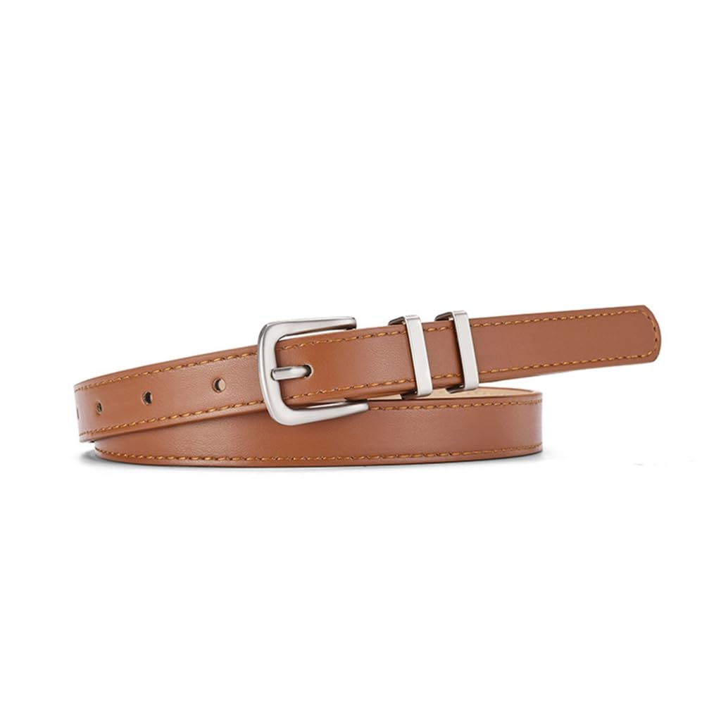 ESTCNK Womens Belts Silver Metal Pin Buckle Leathers Thin Belt Waistband for Jeans, Camel, As detailed description