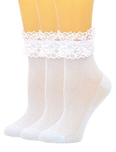 SEMOHOLLI Women Lace Ankle Socks Ruffle Frilly Cotton Socks Trim Lace,Anklet socks Dress Socks Women or Girls (3 Pairs-light blue)