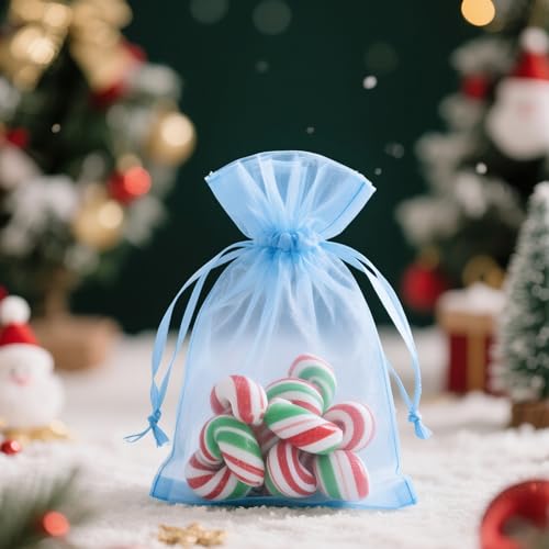 Image of joycraft 50Pcs Sheer Organza Bags with Drawstring, 2.7x3.5 In Blue Small Mesh Gift Wrapping Bags, Jewelry Organza Pouch, Sheer Party Favor Bag for Wedding, Bridal Shower, Birthday, Baby Shower