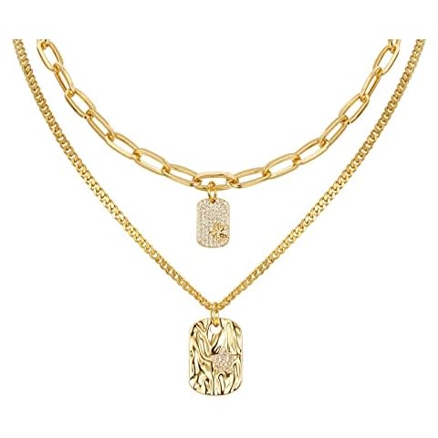 18k Gold Plated Layered Paperclip Chain Necklace For Women, Rectangular Pendant Necklace Set , 2Pcs Jewelry Gifts For Teenage Girls Cover