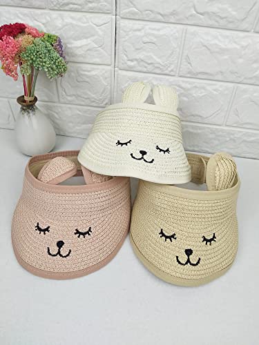 Beach Smile Straw Visor Hat Sun Hat Kid Toddler Wide Brim Cute Bunny Cat Ears Summer 100% Recycled Paper Beach Sun Hat Adjustable For 1-4 Years (Ivory) #TOP1