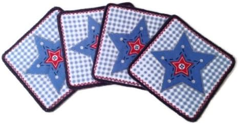 Handcrafted Quilted Fabric Coasters ~ Set of 4 ~ Blue Check Americana Star