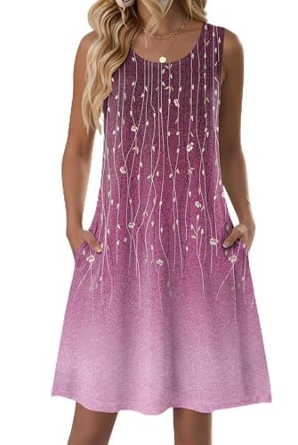Zeagoo Mini Summer Dress Women Aline Dress Pleated Tank Short Dressses Floral O-Neck Swing Boho Sundress Casual Loose Fit Flare Travel Dress