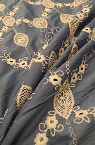 Tissu denim 100% coton de haute qualité brodé de fleurs blanches élégantes - 5