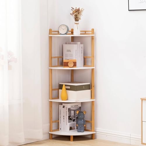 4‑Tier Expandable Bamboo Corner Shelf with Rail, Display Storage Stand